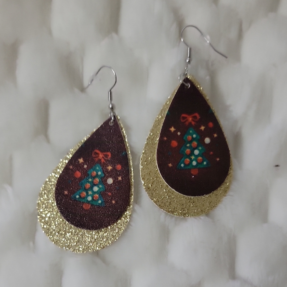 Gold and Brown Glitter Christmas Tree Earrings